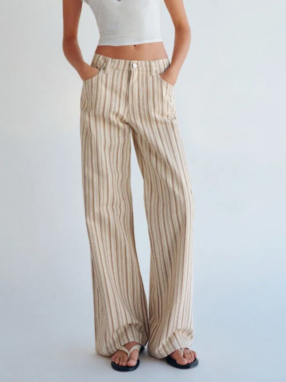 NWT Reformation Cary Low-Rise Slouchy Wide-Leg Jeans Tan Stripe 24